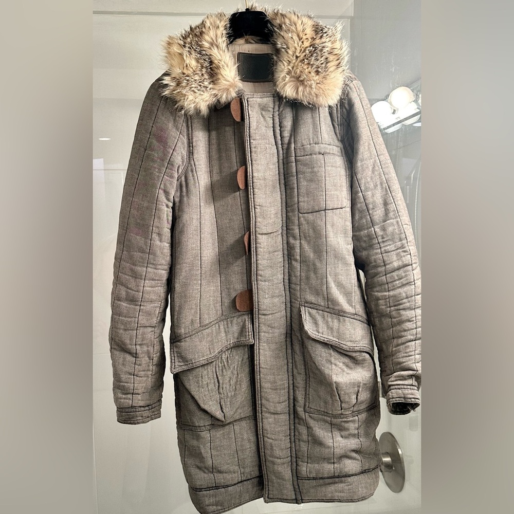 Balenciaga grey denim parka with coyote fur trim collar